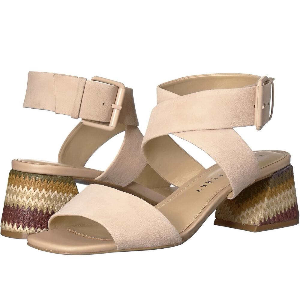 Katy Perry The Albee Suede Sandals Tan Nude Woven heel Size 8.5